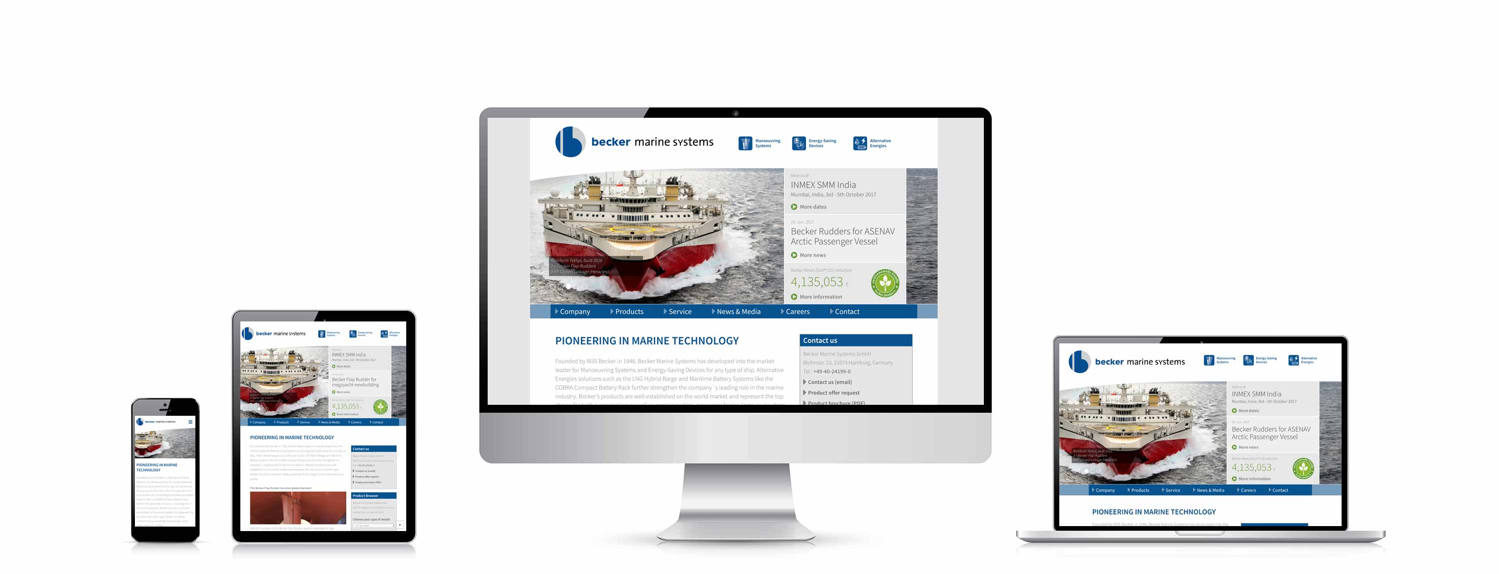 Becker Marine Systems Website, Responsive Design, Content Management System Contao, integrierte Produktdatenbank